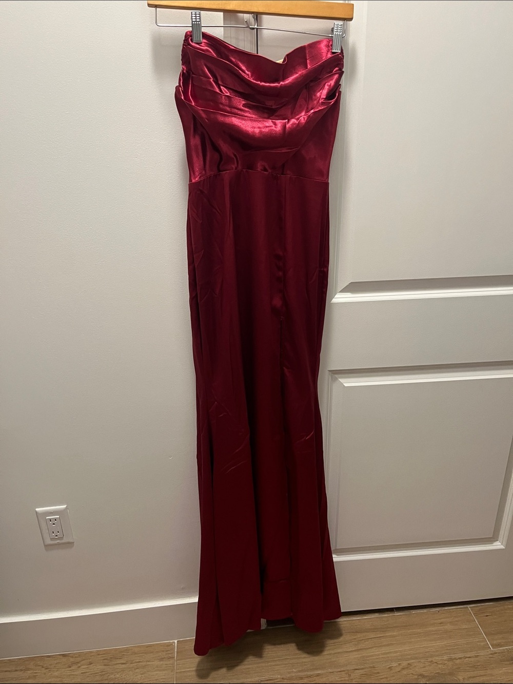 Fashion Nova Strapless Satin Maxi Dress in Deep Wine Red